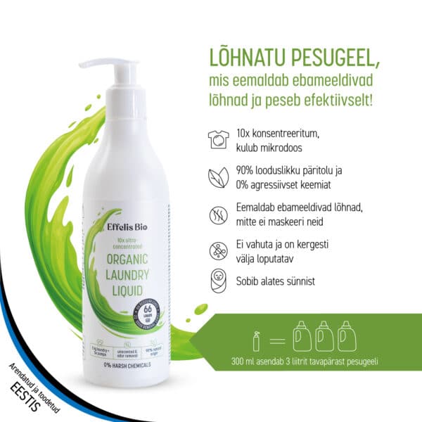 Lõhnatu orgaaniline pesugeel tavapäraseks pesude pesemiseks 300 ml. Ebameeldivaid lõhnu eemaldav.